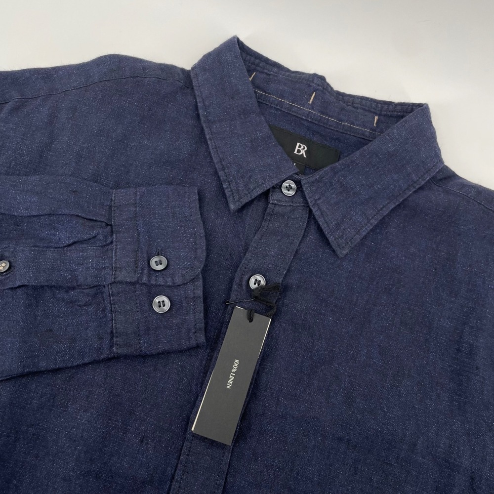 Banana Republic Linen Shirt Mens L Navy Blue Standard Fit Long Sleeve NWT